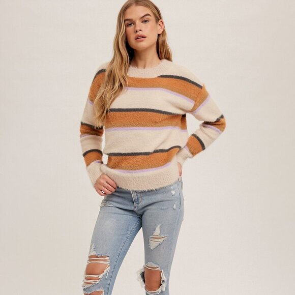 HEM & THREAD Cozy Fuzzy Striped Crewneck Sweater, Cream Tan Lavender Grey - Picture 4 of 7